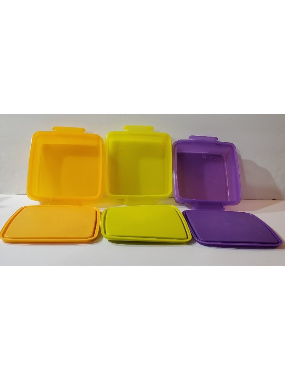 Tupperware 3 Squared Away SANDWICH CONTAINERS & Lids 1362 purple orange yellow